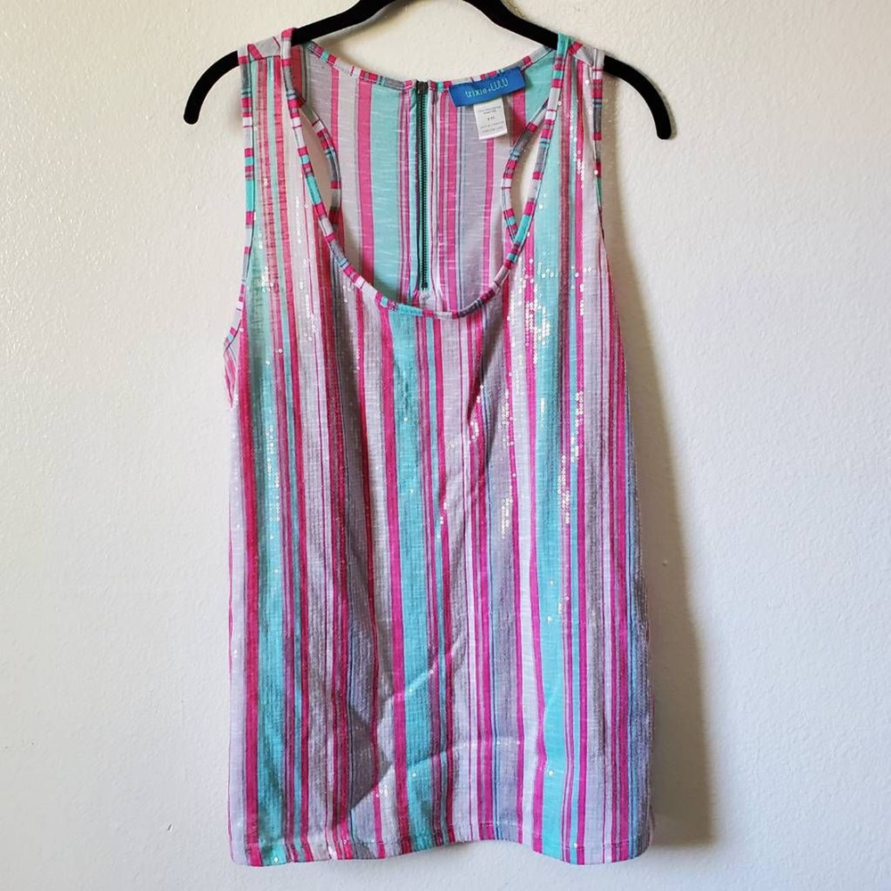 trixie+LULU Womens 2XL Tunic Tank Top Pink Striped Sleeveless Sparkly Sequin